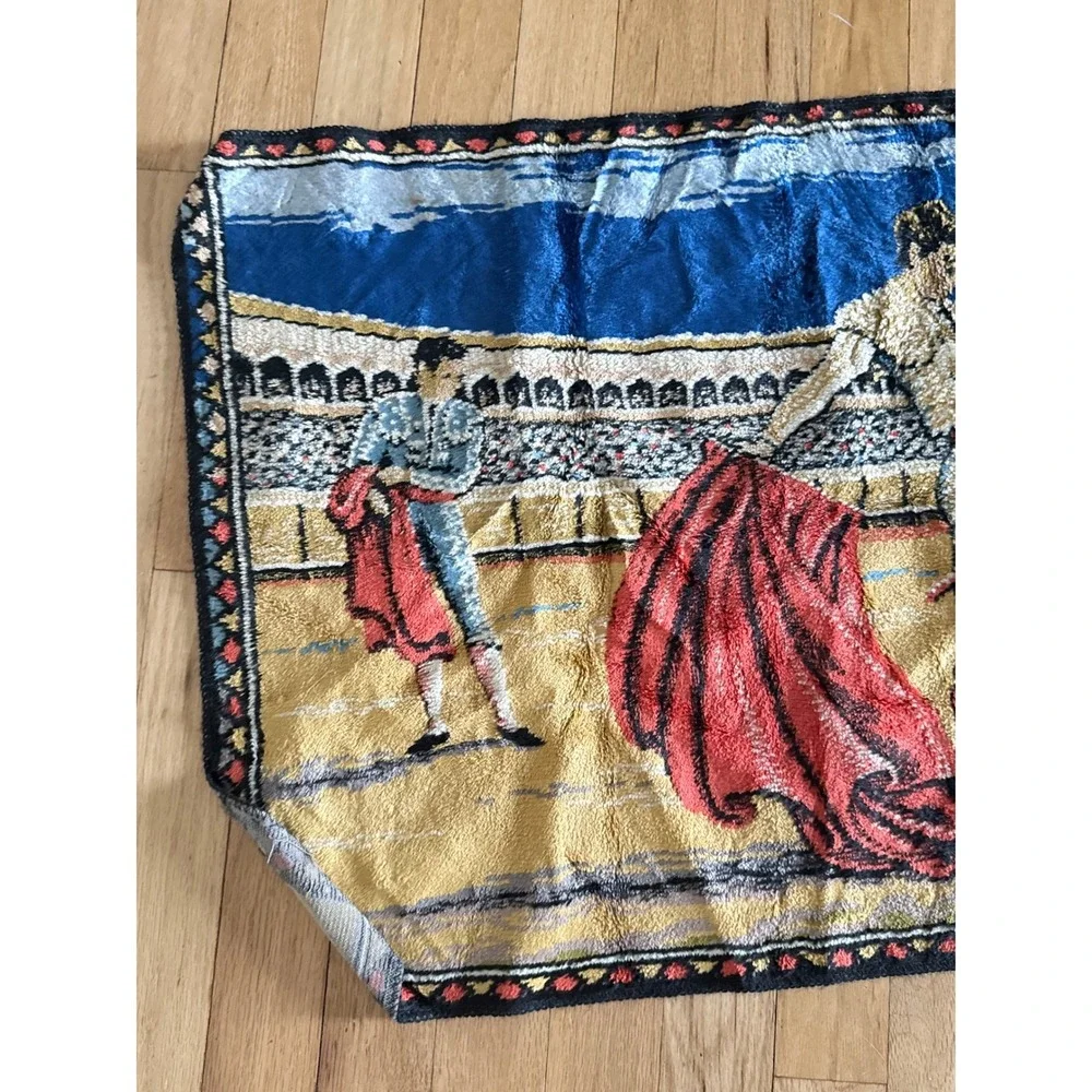Vintage Spanish Bullfighting Tapestry Matador Woven Wall Hanging Blue Gold Red